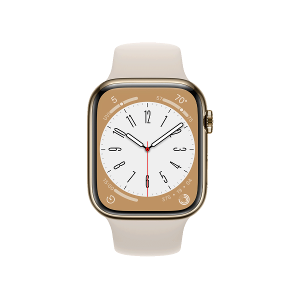 Refurbished Apple Watch Series 8 | 45mm | Stainless Steel Case Gold | Starlight White Sport Band | GPS | WiFi + 4G