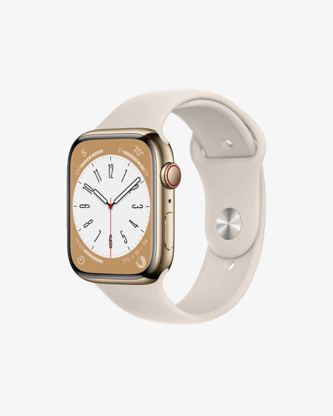 Refurbished Apple Watch Series 8 | 45mm | Stainless Steel Case Gold | Starlight White Sport Band | GPS | WiFi + 4G