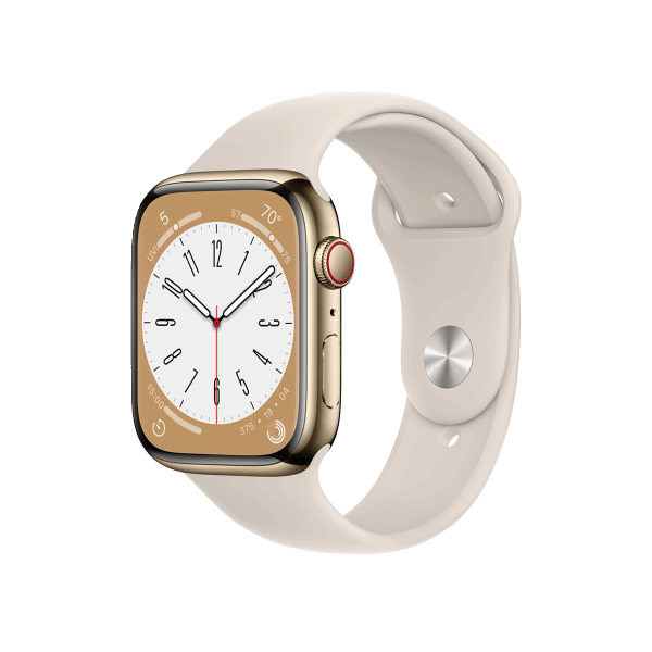 Refurbished Apple Watch Series 8 | 45mm | Stainless Steel Case Gold | Starlight White Sport Band | GPS | WiFi + 4G