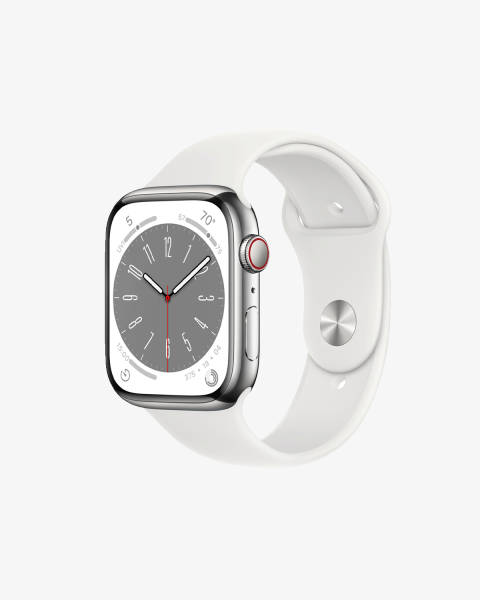 Refurbished Apple Watch Series 8 | 45mm | Stainless Steel Case Silver | White Sport Band | GPS | WiFi + 4G