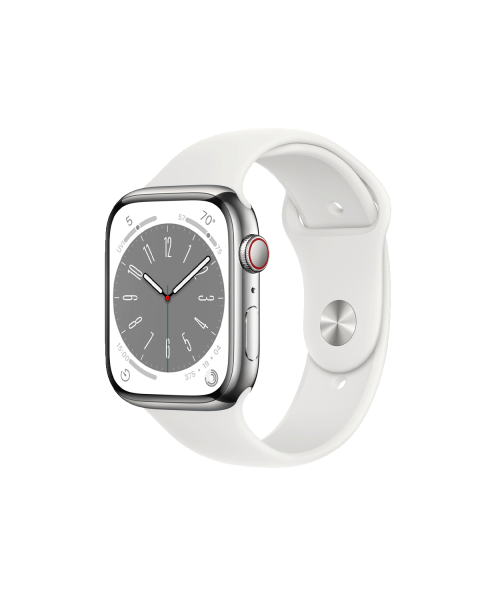 Refurbished Apple Watch Series 8 | 45mm | Stainless Steel Case Silver | White Sport Band | GPS | WiFi + 4G